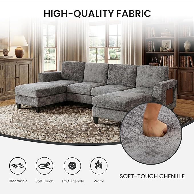 118" Sectional U-Shaped Cloud Couch, Modular Modern 4-Seat Sofa, with USB Type C Ports, Foldable Side Table and 2 Ottomans, for Home Living Room, Grey