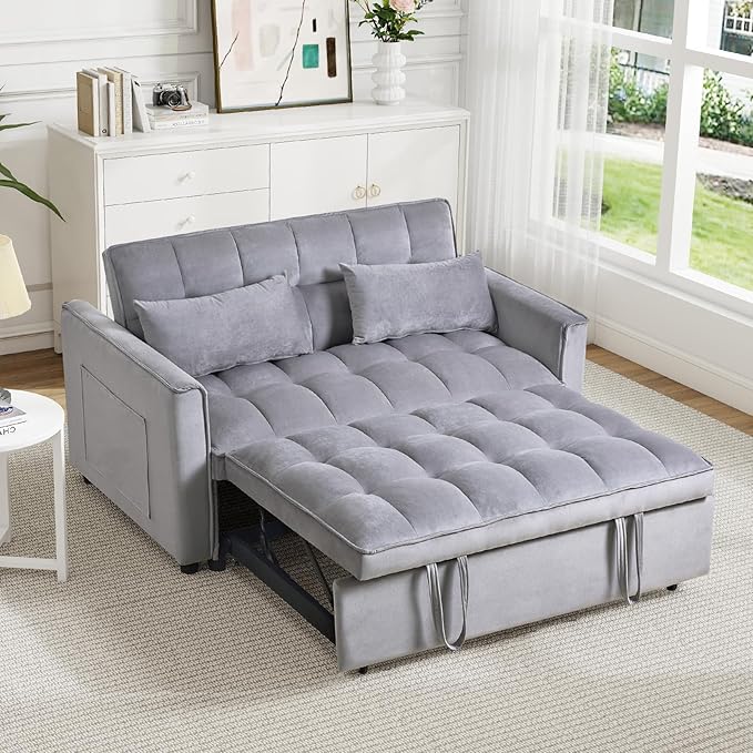Rovibek 3 in 1 Sleeper Sofa Bed, 53'' Pull Out Couch Convertible Futon Loveseat with Adjustable Backrest, Velvet Sleeper Chaise Lounge Futon for Apartment Office Small Space, Grey