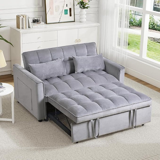 Rovibek 3 in 1 Sleeper Sofa Bed, 53'' Pull Out Couch Convertible Futon Loveseat with Adjustable Backrest, Velvet Sleeper Chaise Lounge Futon for Apartment Office Small Space, Grey