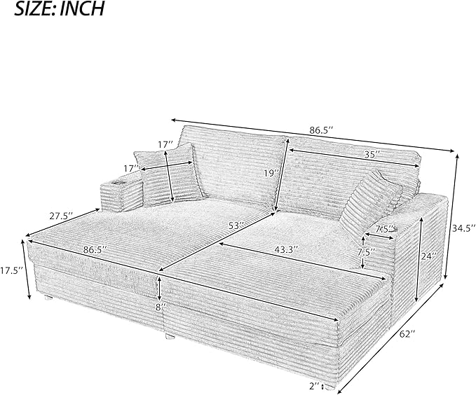 86.5" Oversized Double Chaise Lounge Indoor Corduroy Upholstered Sofa Bed , Deep Seat Lounger Loveseat Recliner Daybed with Dual USB Ports , Two Cup Holders and Throw Pillows for Living Room Bedroom