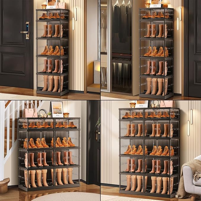 CIMLORD 5-Tier Foldable Shoe Rack for Closet Entryway 10-20Pairs,Stackable Clear Shoe Storage Boxes Organizer with Door Plastic Shoe Cabinet Bins with Lids Shoes Shelf Easy Assembly Large Black - Image 5