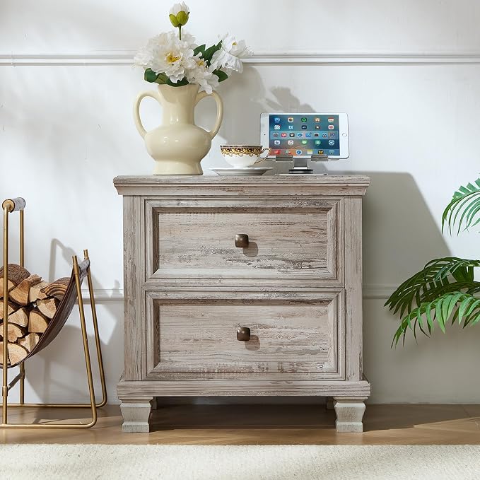 SAVOR LIFE Farmhouse Nightstand Set of 2 for Bedroom, Mid-Century Low Nightstands with 2 Drawers & Charging Station, Vintage Night Stands with 4 Square Solid Wood Legs, Small Dresser for Home, Grey - Image 4