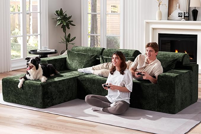 Homguava Modular Sectional Couches for Living Room,105" Cloud Couch with L-Shape Chaise,Comfy Sofa Living Room Couch with Deep Seat,No Assembly L Couch,Luxury Distressed Velvet(Green,L)