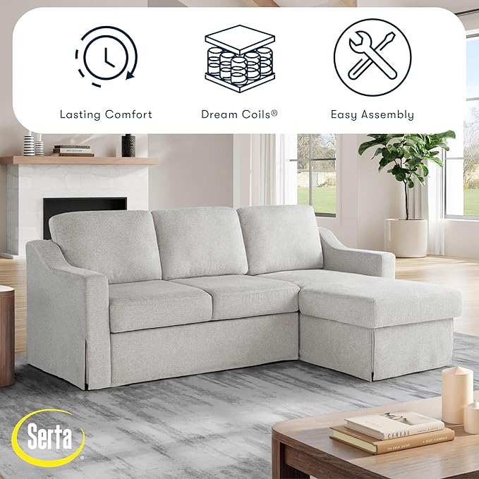 Serta Hawthorne 89.8" Slipcovered Convertible Sleeper Sofa Chaise, Queen Size, Dreamcoil Comfort, Reversible Storage Chaise, Polyester Tweed Fabric, Linen