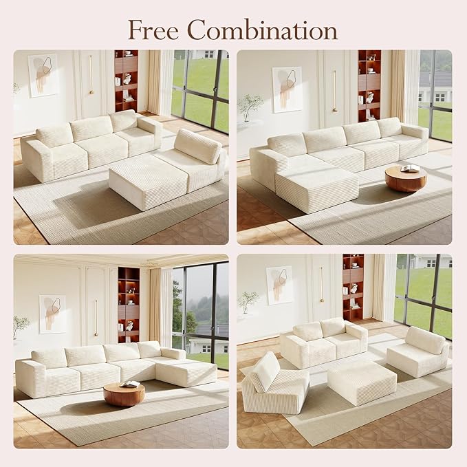 Vesgantti 159" Large Modular Sectional Sofa, L-Shaped Corduroy Cloud Couch with Deep Seats & Spring Support, 4-Seater Boneless Sofa with Movable Ottoman, No Assembly Needed, Beige