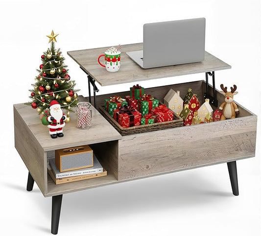 WLIVE Coffee Table for Living Room, Lift Top Coffee Table with Storage, Small Rising Wooden Dining Center Table with Storage Shelf & Hidden Compartment, 39" Greige