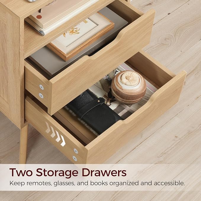 MAHANCRIS Natural Nightstand with Charging Station, Modern Bedside Table with 2 Storage Drawers, Open Storage, Night Stand with Solid Wood Legs, for Bedroom, End Side Table for Small Spaces, ETNA69E01 - Image 6