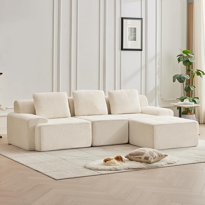 105.8'' Modular Sectional Sofa with Movable Ottoman, 3 Seat Deep Seat Couch with 3 Pillows, Comfy Cloud Sectional Sofa for Living Room, Bedroom (White, 1 Left+1 Right+1 Middle+1 Ottoman)