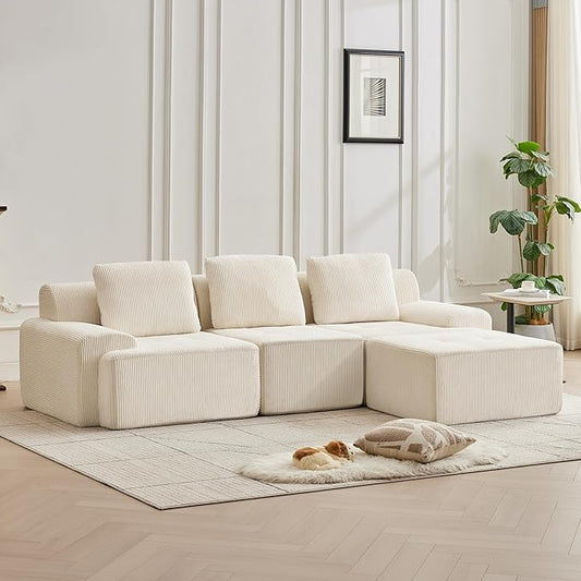 105.8'' Modular Sectional Sofa with Movable Ottoman, 3 Seat Deep Seat Couch with 3 Pillows, Comfy Cloud Sectional Sofa for Living Room, Bedroom (White, 1 Left+1 Right+1 Middle+1 Ottoman)
