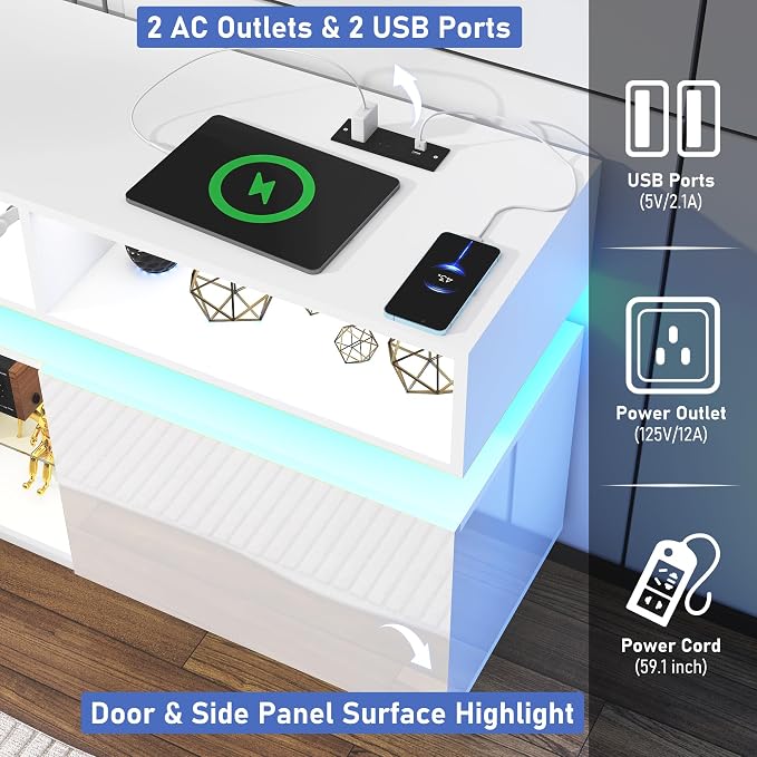 chartustriable LED TV Stand for 80 Inch TV, Modern Tall Entertainment Center with Power Outlets, High Gloss TV Stand, Gaming TV Media Console with Glass Shelf for Living Room, 71 Inch, White - Image 3