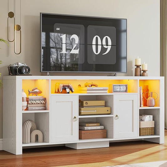 LIKIMIO TV Stand for TVs 80 inch with LED Lights & Power Outlet, Entertainment Center with Cabinets, Adjustable Shelves and Open Shelves, Modern Media TV Console Living Room, White by LIKIMIO