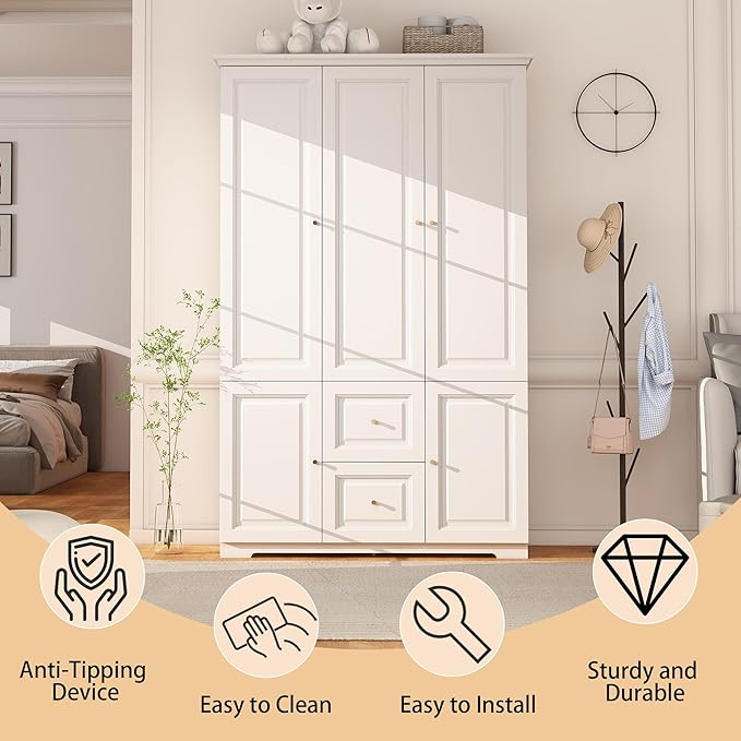 Bedroom Armoire Wardrobe Closet with Drawers: White Wardrobe Closet for Hanging Clothes, Large Wardrobes Storage Closets, Wood Closets Cabinets with Doors and Shelves (White, 47")
