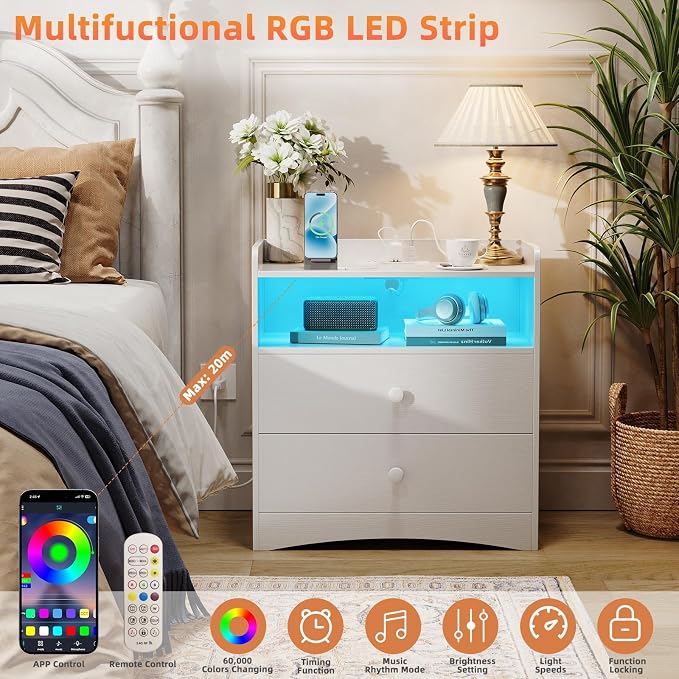 Memobarco Nightstand with Charging Station and LED Light,Modern Nightstand with USB Ports and Outlets,Wood Bedside Tables with 2 Storage Drawers,Small Dresser for Bedroom Small Space,White - Image 3