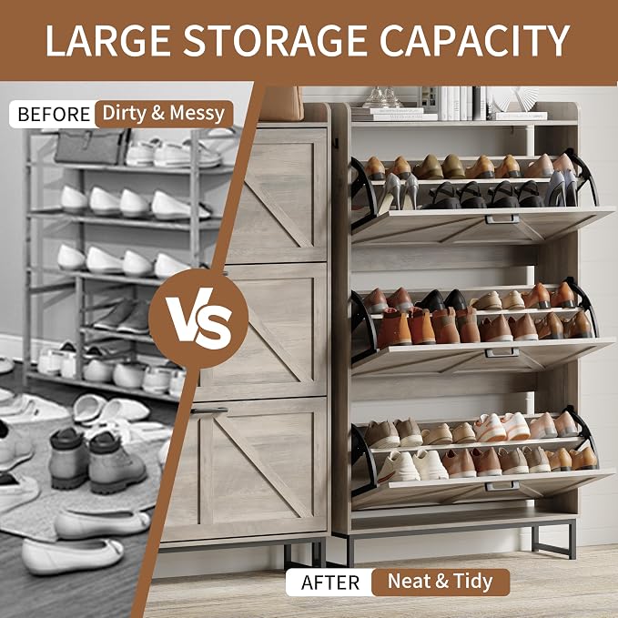 Shoe Cabinet with 3 Flip Drawers, Freestanding Hidden Shoe Storage Organizer for Entryway, Narrow Slim Shoe Rack Cabinet with Open Storage & Hooks for Front Door Entrance, Living Room, Hallway, Grey - Image 5