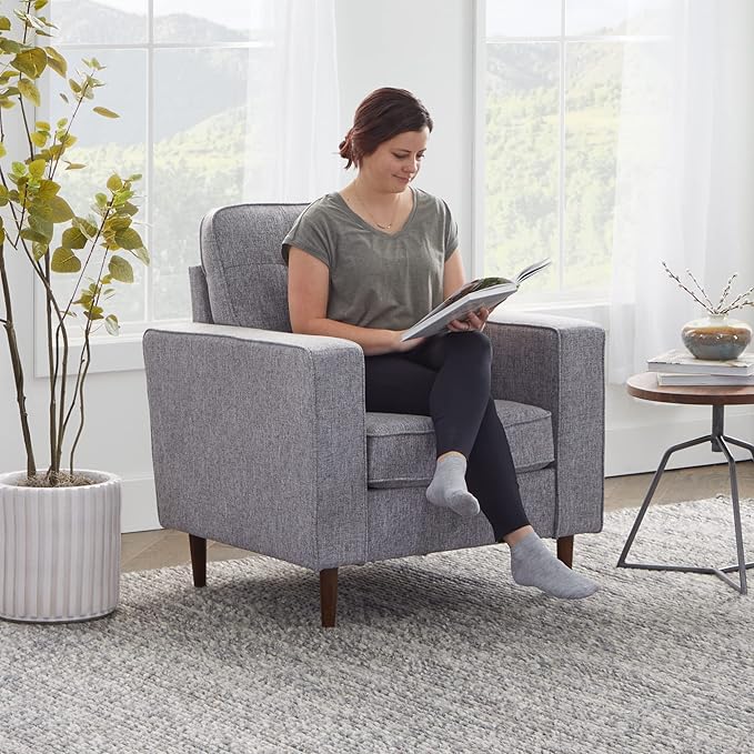 Edenbrook Lynnwood Upholstered Accent Chair - Living Room Furniture - Office - Bedroom - Mid-Century Modern Design - Armchair - Buttonless Tufting - Simple Assembly - Solid Frame - Light Gray