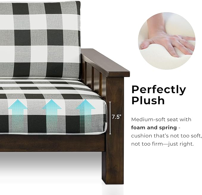 Furniture of America Gavik Modern Solid Wood Arm Chair with Plaid Removable Cushions, Black and White Upholstery Fabric, Comfortable Upholstered Seating for Living Room, Guest Room, Dark Walnut