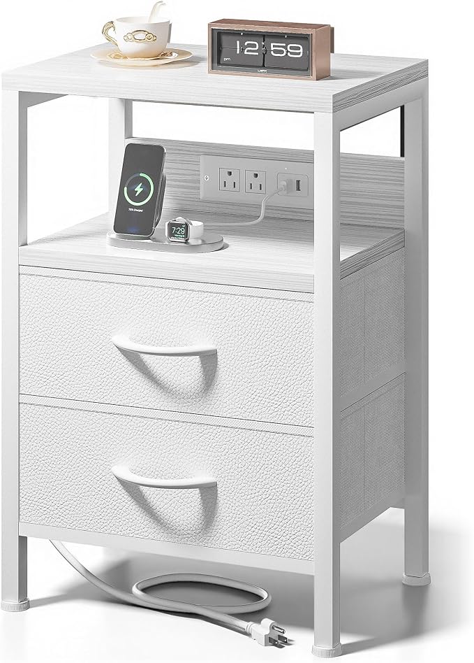 Lazzanto NightStand Bedside Charging Table Bedroom - Night Stand with Charger Station, White Modern Bed Side End Table with Open Shelf & 2 Fabric Drawers, USB-C Port & AC Outlets for Dorm, Living Room by Lazzanto