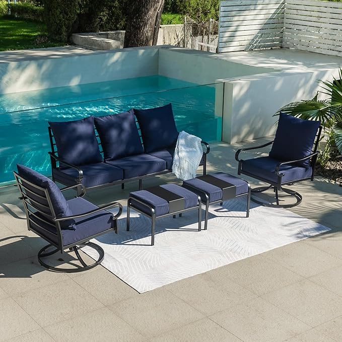 5 Piece Patio Furniture Set, Metal Patio Conversation Set with 1x3 Seater Sofa & 2xSwivel Chairs & 2xOttomans, Outdoor Furniture with 5.75'' Thick Cushion for Lawn Garden Backyard, Navy Blue