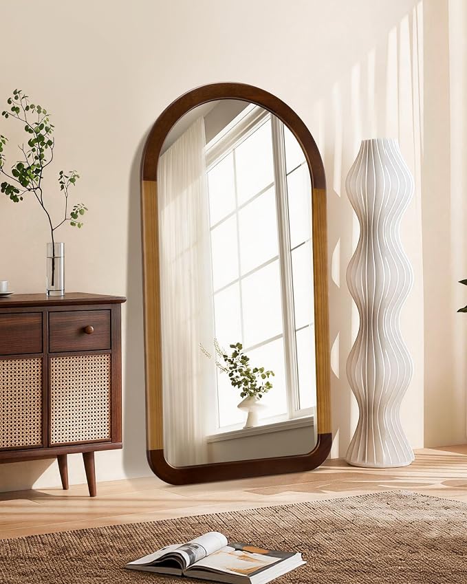 Arched Mirror 24 x 47 Inch,Brown Wood Rustic Bathroom Tempered Wall Mirror with Wood Frame,Round Corner Arch Farmhouse Wooden Vanity Mirror for Living Room,Entryway or Bedroom（Walnut Brown） by Culer