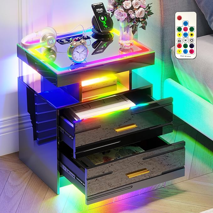 HNEBC RGB Nightstand with Wireless Charging Station, LED Night Stand with Motion Sensor Lights, Smart Bedside Table with Changing Strip Lights with Remote,High Gloss Side Table/Glass Top (Black) by HNEBC