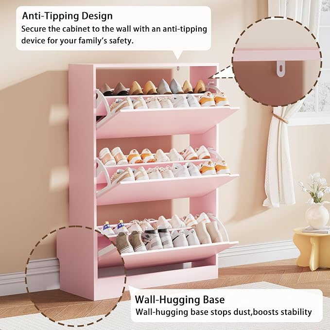 Shoe Storage Cabinet, Wood Shoe Organizer for Entryway with 3 Flip Drawers, Freestanding Shoe Rack with Adjustable Shelf, Narrow Shoe Dresser for Front Door Entrance(Pink, 47.2" x 31.5" x 9.25") - Image 5