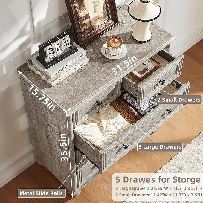RWYHG Farmhouse 5 Drawer Dresser for Bedroom Set of 2, 35.5" Tall Small Dressers & Chest of Drawers, Rustic Wood Dresser with Roman Column, Storage Organizer for Living Room, Hallway, Closet (Grey) - Image 2