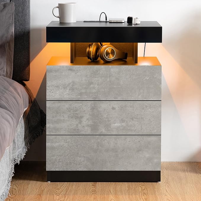 HOMMPA Set of 2 LED Nightstands with Wireless Charging Station Concrete Gray Matte Bedside Table with Led Light Smart Nightstand USB Port 3 Drawers Night Table Tall Wood LED Night Stand for Bedroom - Image 5