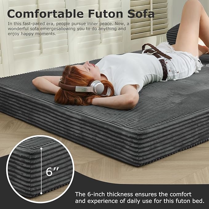 6-inch Folding Mattress Convertible Sofa Bed, Floor Bed & Sleeping Couch with Removable Corduroy Cover & Carry Handles, High-Density Foam (Grey, Queen)