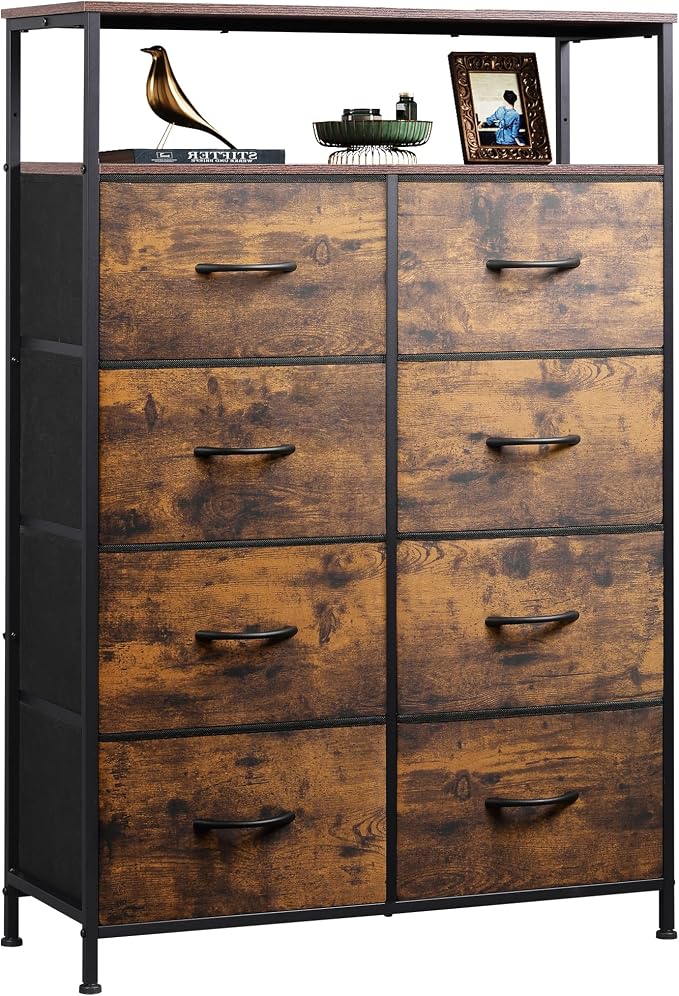 WLIVE Fabric Dresser for Bedroom with Open Shelves, Tall Dresser with 8 Drawers, Storage Tower with Fabric Bins, Chest of Drawers for Closet, Hallway, Rustic Brown Wood Grain Print by WLIVE