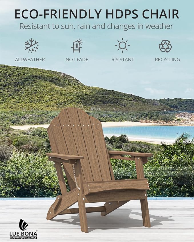 LUE BONA HDPE Folding Adirondack Chairs Set of 4 - Weather Resistant Rustic Wood-Grain Seating with Cup Holder for Cabin, Fire Pit, Deck & Resort Garden, Brown - Image 6