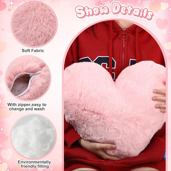 Marsui 2 Pcs Heart Throw Pillows, Soft Fluffy Faux Fur Decorative Hearts Shaped Pillows for Living Room Sofa Bed, Cute Heart Themed Gift for Women(Shrimp Pink,11.81 x 11.02, 16.73 x 13.78 Inch)