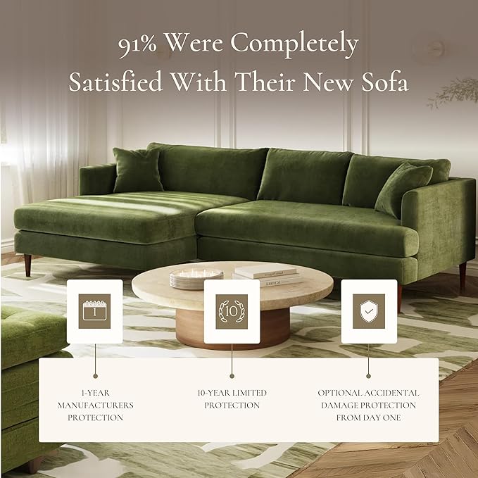 POLY & BARK 108" Lucerne Left-Facing Sectional Sofa with Extra-Wide Chaise – Upholstered in Distressed Green Velvet – Deep, Relaxed Modern Design for Living Room Lounging, Hosting and Everyday Comfort