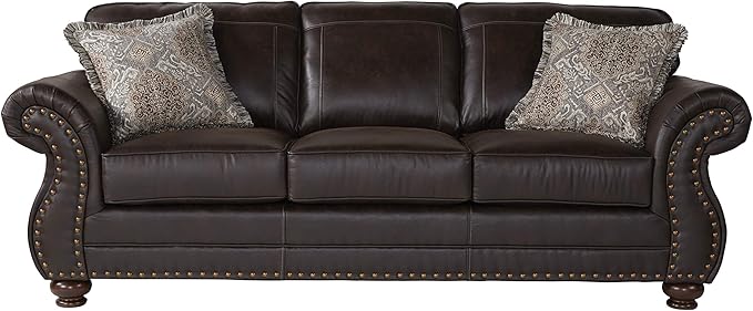 Leinster Faux Leather Sofa and Loveseat with Antique Bronze Nailheads in Espresso