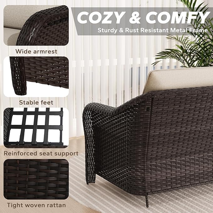4 Pieces Patio Outdoor Conversation Furniture Set, 78" 3-Seat Couch, 2 Chairs, 47" Metal Coffee Table, Rattan Wicker Sofa with Washable Cushions for Garden, Deck (Beige)