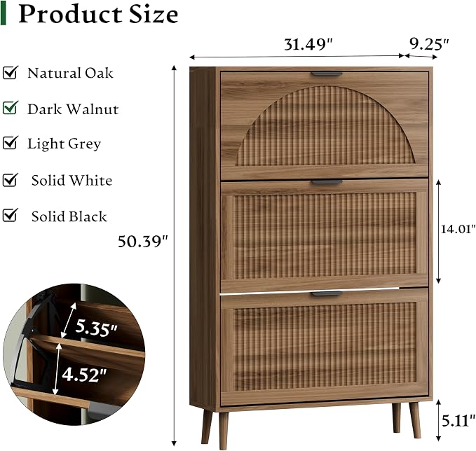 Xixini Shoe Storage Cabinet with 3 Flip Drawers, 50" Tall Narrow Wood Fluted Shoe Organizer for Entryway, Freestanding Wooden Hidden Slim Shoe Rack for Front Door Entrance, Hallway, Foyer, Dark Walnut - Image 2