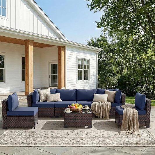 7 Piece Outdoor Wicker Patio Furniture Set, Rattan Sectional Sofa Conversation Set with Coffee Table & Cushions, for Poolside Backyard Garden Porch, Brown Wicker/Blue Cushion