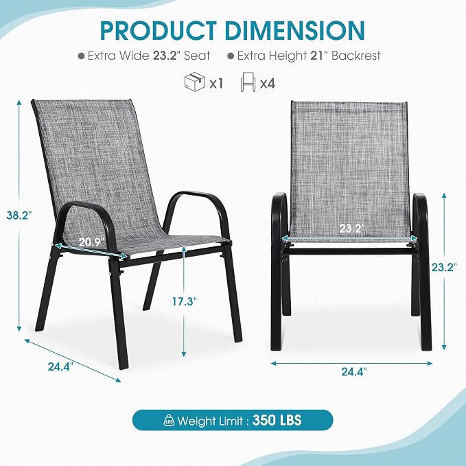 Outdoor Stackable Chairs Set of 4, Stacking Patio Chairs with Textilene Fabric, Outside Furniture for Garden Backyard Balconie Poolside Deck, Grey - Image 3