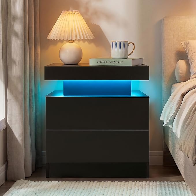 i-aplus Black Night Stand LED Nightstand with 2 Drawers Modern Bedside Tables for Bedroom, Living Room - Image 3
