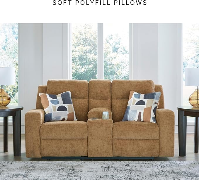 Signature Design by Ashley Kanlow Contemporary Manual Double Reclining Loveseat with Console, Storage, Cup Holders and 2 Accent Pillows, Light Brown