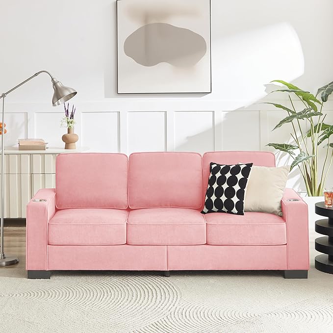 83" Modern Cloud Sofas for Living Room Bedroom, 3 Seat Modular Couch Soft Corduroy Upholstered Loveseat Couches with Cupholders for Home Apartment Office Studio
