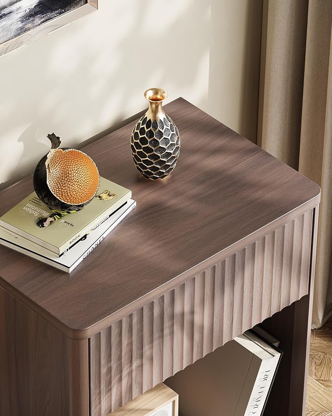 WLIVE Night Stand Set of 2, Wood Nightstand Sets with Storage Drawer and Open Shelf, Fluted Bedroom Nighstands, Mid Century Bed Side Table, End Tables Living Room, Dorm, Home Office, Carrocci Brown - Image 5