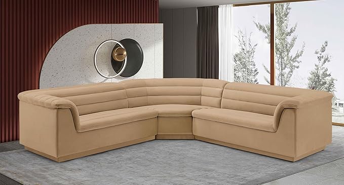 Meridian Furniture 194Camel-Sectional Cascade Collection Modern | Contemporary Modular Sectional with Soft Camel Velvet Fabric, Deep Channel Tufting, Curved Arms, 148" W x 80" D x 28" H, Camel
