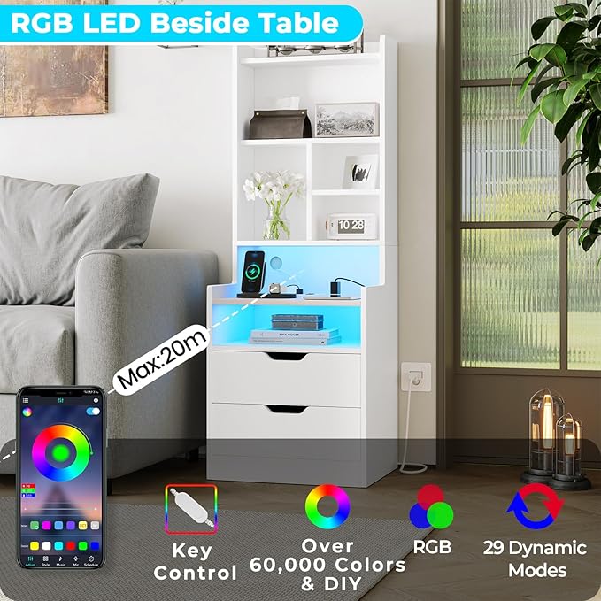 ADORNEVE Tall Nightstand Set of 2,LED Night Stand with Charging Station,Bedside Table with Bookshelf and Drawers,White Side Tables Bedroom,13.8" D x 17.7" W x 50" H - Image 3