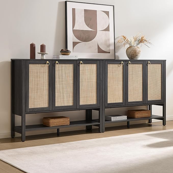 SICOTAS Farmhouse Shoe Cabinet with Storage - 2 Pieces Large Rattan Shoe Organizer with Adjustable Shelves & 3 Doors, Boho Shoe Rack Cabinet for Entryway, Hallway, Living Room (Obsidian) - Image 7