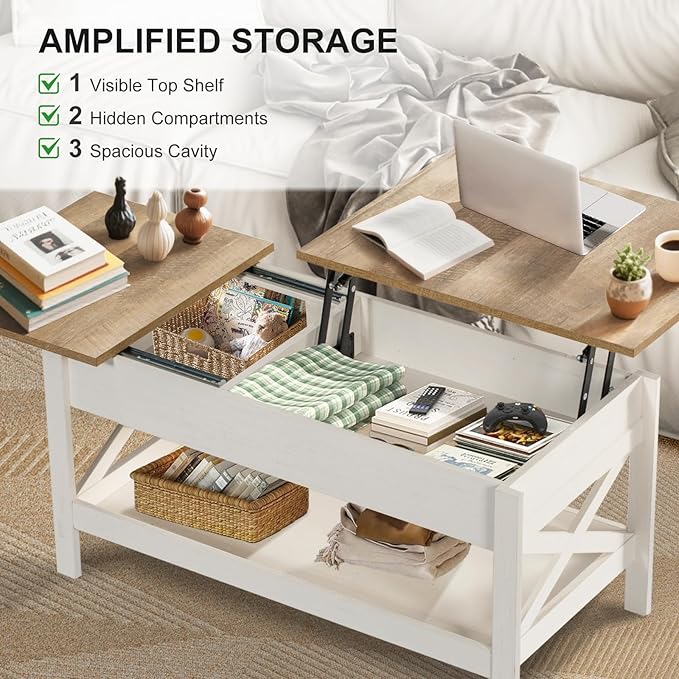 Lift Top Coffee Table with Storage, Small Coffee Table with Hidden Compartment, Dining Center Tables with Lifting Tabletop for Living Room, Home Office