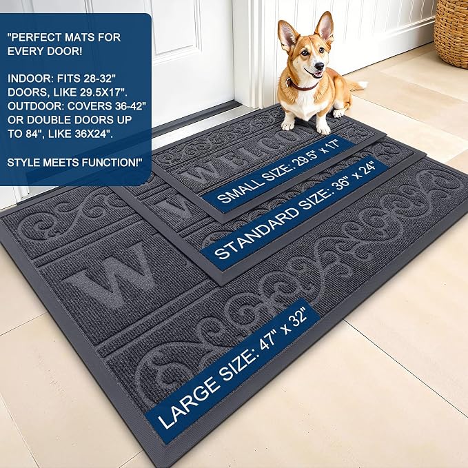 OLANLY Welcome Door Mat Indoor Outdoor Entrance, Heavy Duty Sturdy Front Door Mat, Waterproof All-Weather Doormat, Stain Resistant, Low Profile, Easy Clean Patio Entryway Mat, 47 x 32, Medium Grey - Image 2