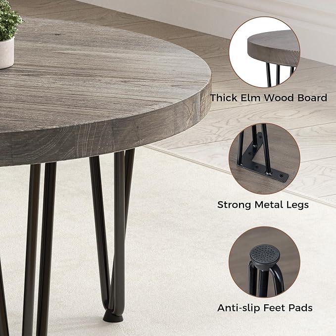 Rustic Wood Round Coffee Table with Metal Legs, Solid Elm Wood Top and Non-Slip Feet Pads - Farmhouse Style for Living Room, Grey