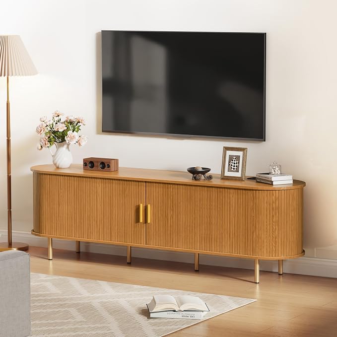 DHH 70.8 Inch Mid Century Modern TV Stand with Power Outlet for TVs up to 80 Inch, Entertainment Center with Storage and Adjustable Shelves, Media Console with Sliding Doors for Living Room(Yellow) - Image 8