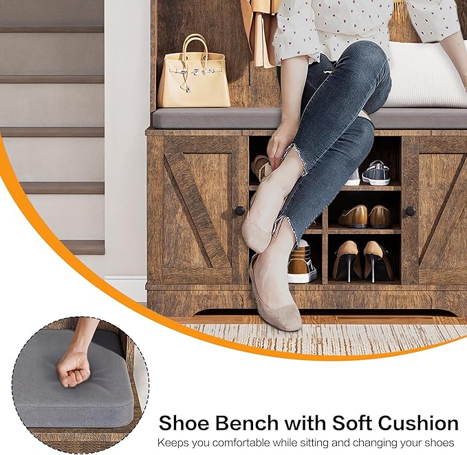 71" Hall Tree with Bench and Shoe Storage, Entryway Hall Tree with 2 Doors and 6 Adjustable Shelves, Cushioned Storage Bench with Coat Rack for Hallway, Living Room, Mudroom - Image 4