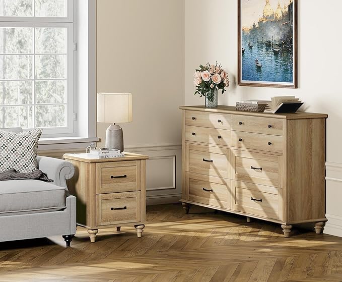 WAMPAT 2 Piece Bedroom Set - Includes 8 Drawer Dresser for Bedroom, Light Wooden Nightstand with Charging Station & Drawers, 2 Piece Dresser and Nightstand Sets, Oak